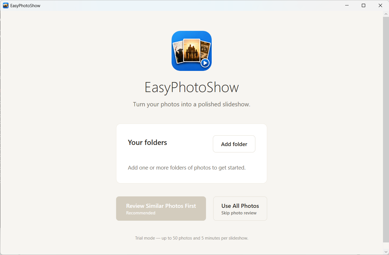 The EasyPhotoShow main screen showing the photo folder picker